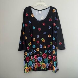 Slinky Brand Black Colorful Floral Flower Blouse